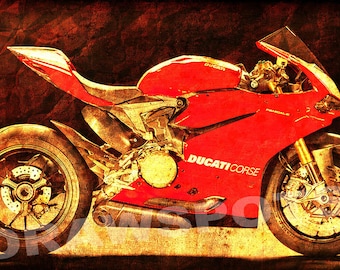 Ducati Golden Art Print, Motorcycle Office Decor (Digital Art)