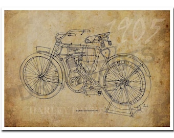 HARLEY DAVIDSON 1905, Based on my Original Handmade Drawing, Art Print 11.5x16in