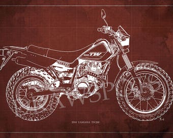 2018 Yamaha TW200 Blueprint, Art Print 14x9.60 in and LARGER SIZES, Motorcycle Art print,Gift for men,Man cave decoration,motorcycle art