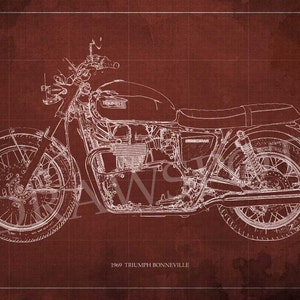 May include: A white line drawing of a 1969 Triumph Bonneville motorcycle on a red background with a grid pattern. The motorcycle is shown in profile, with the front wheel turned slightly to the left. The text "1969 TRIUMPH BONNEVILLE" is printed below the motorcycle.