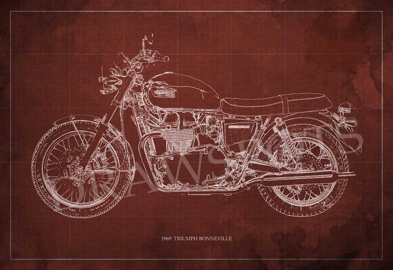 May include: A white line drawing of a 1969 Triumph Bonneville motorcycle on a red background with a grid pattern. The motorcycle is shown in profile, with the front wheel turned slightly to the left. The text "1969 TRIUMPH BONNEVILLE" is printed below the motorcycle.