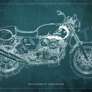 Moto Guzzi Cafe Racer Blueprint, Art Print 12x8 to 60x41 in, Motorcycle Art print
