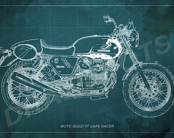 Moto Guzzi Cafe Racer Blueprint Art Print,Unique Wall Art