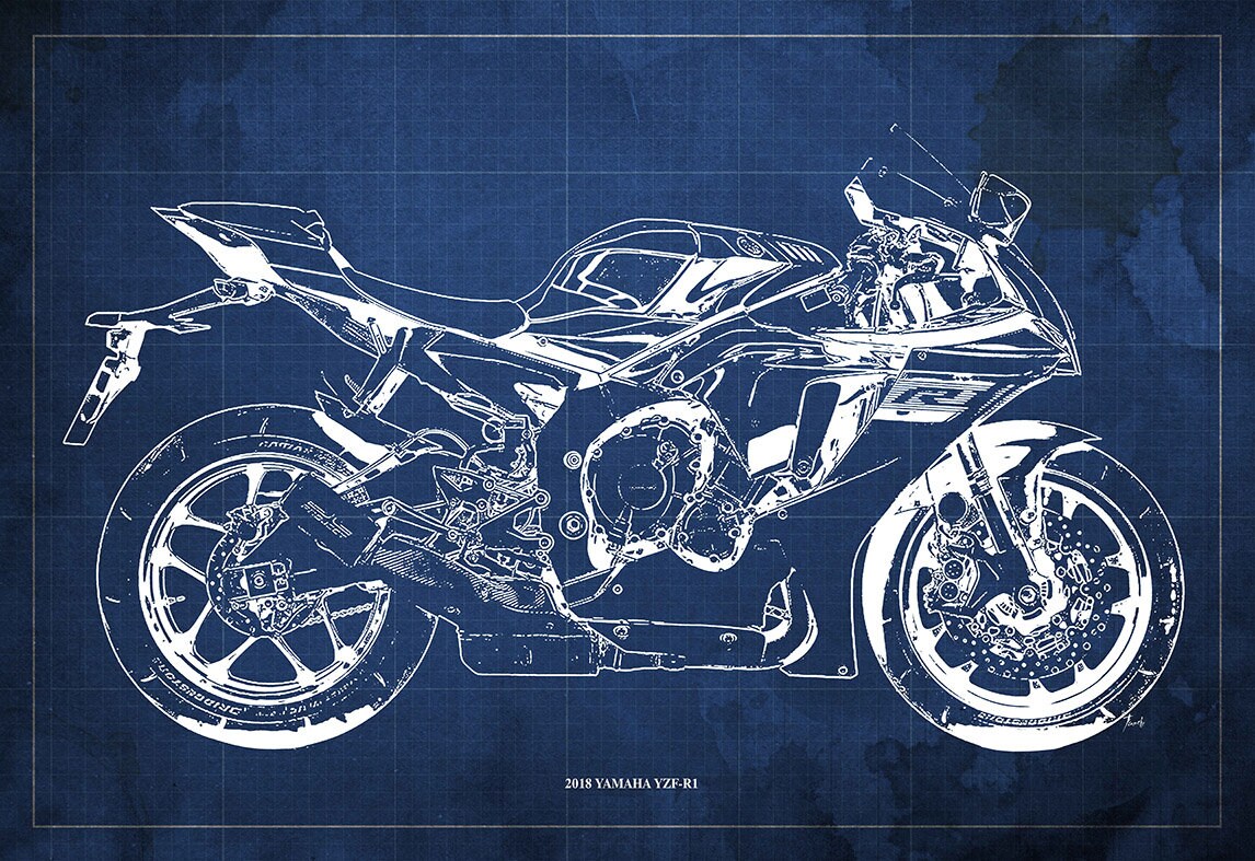 2018 Yamaha YZF-R1 Blueprint,art Print 14x9.60 to 60x41in,bike Art