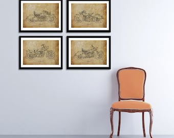 Set of 4, INDIAN MOTORCYCLES Original Art Prints, Any print 11.5x16 (A3), Save us20, Indian 1947, 1948, 1950, 1951