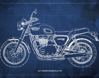 2017 TRIUMPH BONNEVILLE T100 Blueprint,Art Print 14x9.60 to 60x41in,Bike Art print,gift for husband,garage decor,office decor