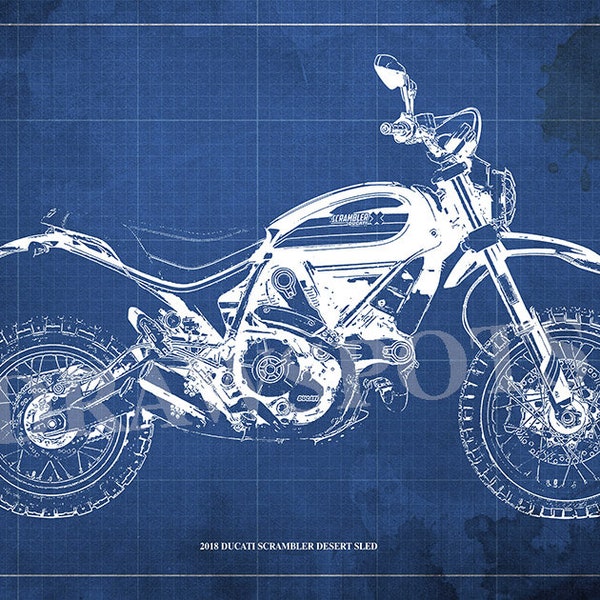 2018 Ducati Scrambler Desert Sled Blueprint,Art Print larger sizes,Original Drawing,mancave,office decor,husband gift,blueprint,christmas