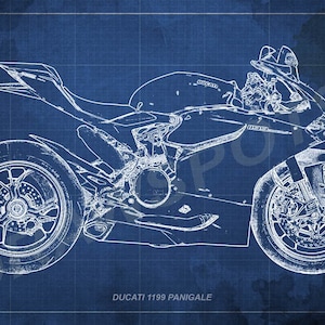 Ducati 1199 Panigale Blueprint, Art Print 8x12in to 60x41in, Motorcycle Art print, big size print, large wall print, office decor