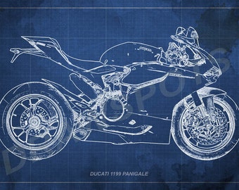 Ducati 1199 Panigale Blueprint, Art Print 8x12in to 60x41in, Motorcycle Art print, big size print, large wall print, office decor