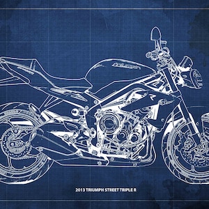 2013 Triumph Street Triple R Blueprint,Art Print 14x9.60 to 60x41in,Bike Art print,gift for husband,garage decor,office decor