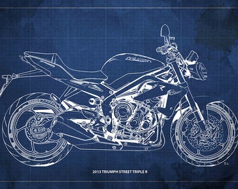 2013 Triumph Street Triple R Blueprint,Art Print 14x9.60 to 60x41in,Bike Art print,gift for husband,garage decor,office decor