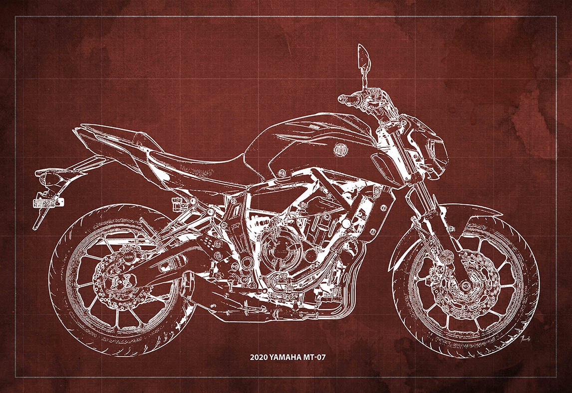 2020 Yamaha MT-07 Blueprint,art Print Larger Sizes, Bike Art Print