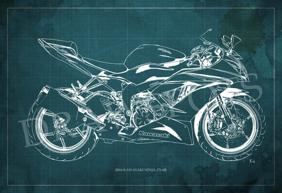 グランドホールセール Ninja Kawasaki 2016 ZX-6R to 8x12in Print Art Blueprint, 絵画+タペストリー