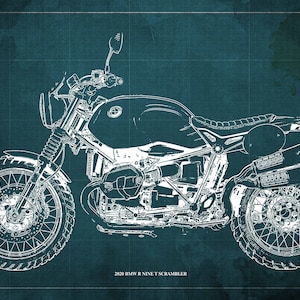 2020 BMW R Nine T Scrambler Blueprint,Art Print 14x9.60 to 60x41in,Bike Art print,gift for husband,garage decor,office decor