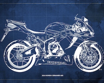 2024 Honda CBR600RR ABS Blueprint Art Print, Motorcycle Garage Decor (14x9.60 to 60x41in)