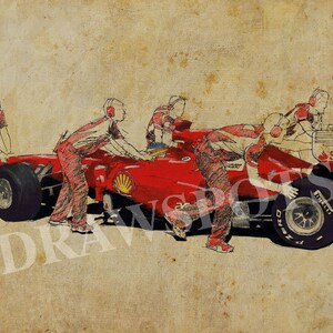 Puede incluir: Ilustración de estilo vintage de un coche de carreras de Fórmula 1 rojo con miembros del equipo con uniformes rojos y blancos. La obra de arte tiene un estilo de boceto y el texto "DRAWSPOTS" es visible en primer plano.
