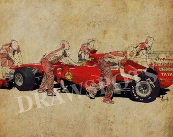 Ferrari a boxes 2, Art print, Original Handmade Drawing Print ,11.5x16 in.