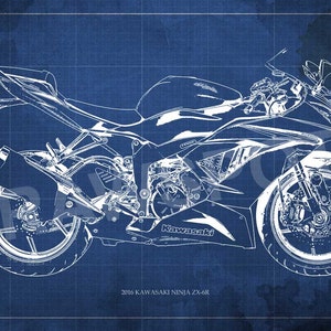 2016 Kawasaki Ninja ZX-6R Blueprint, Art Print 8x12in to 60x41in, Motorcycle Art print