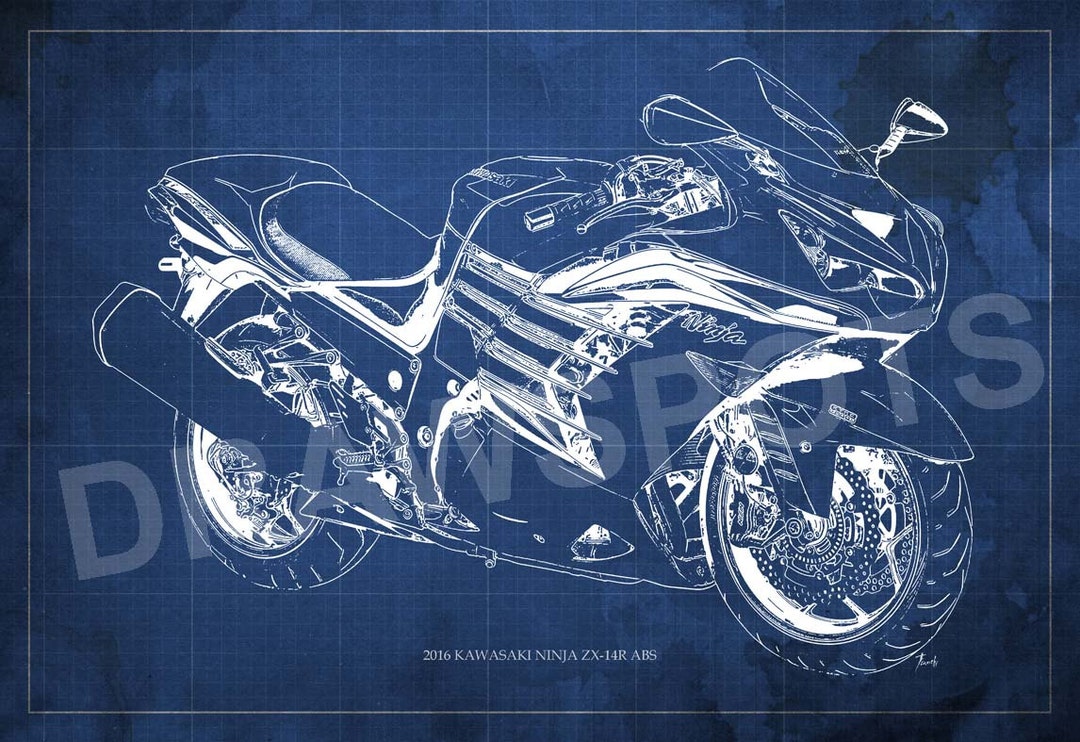 2016 Kawasaki Ninja ZX-14R ABS Blueprint, Art Print 14x9