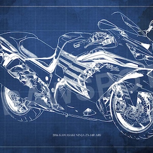 2016 Kawasaki Ninja ZX-14R ABS Blueprint, Art Print 14x9.63in to 60x41in, Motorcycle Art print, father&#39;s day gift