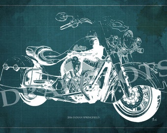 2016 INDIAN SPRINGFIELD Vintage Blueprint, Art Print 14.00x9.63 in and larger sizes, Motorcycle Art print,Original Drawing for men cave