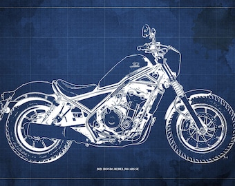 2021 Honda Rebel 500 ABS SE Blueprint Art Print, Motorcycle Garage Decor