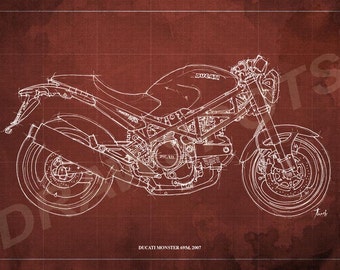 Ducati Monster 695d Blueprint Art Print, Original Handmade Drawing Wall Art