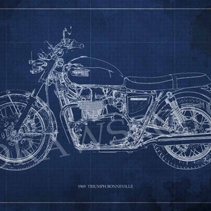 May include: A blueprint style illustration of a 1969 Triumph Bonneville motorcycle. The motorcycle is shown in profile, with the front wheel turned slightly to the left. The image is on a blue background with a grid pattern.