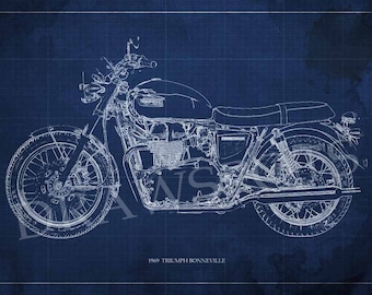 1969 TRIUMPH BONNEVILLE Blueprint, Art PrintMotorcycle Art print,Original Drawing for men cave, red, green, brown or blue art print