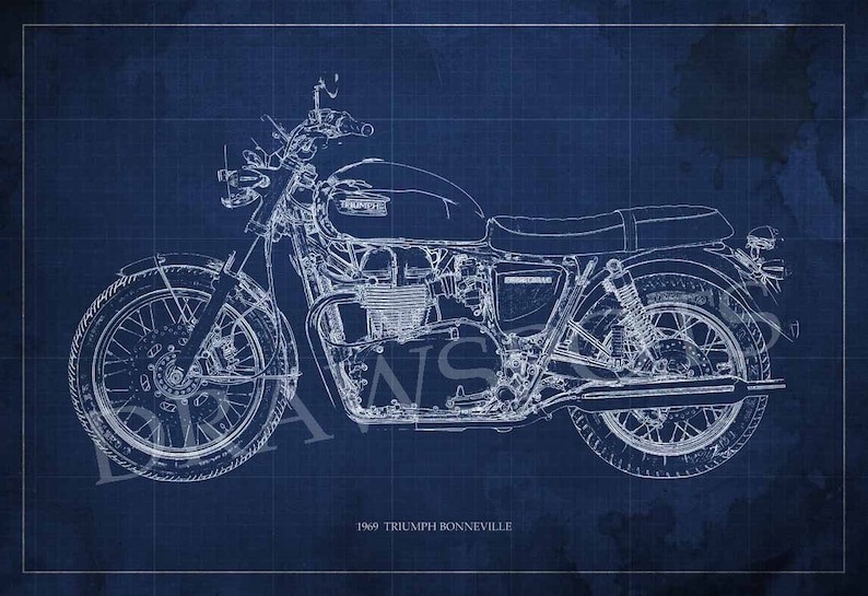 May include: A blueprint style illustration of a 1969 Triumph Bonneville motorcycle. The motorcycle is shown in profile, with the front wheel turned slightly to the left. The image is on a blue background with a grid pattern.