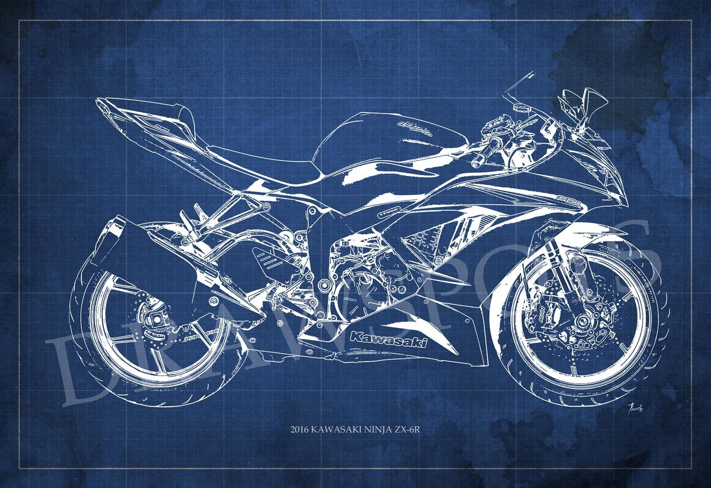 2016 Kawasaki Ninja ZX-6R Blueprint, Art Print 8x12in to