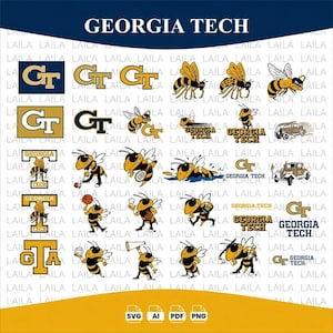Può includere: Una collezione di grafiche digitali Georgia Tech con il logo GT, la mascotte yellow jacket in varie pose atletiche e il testo Georgia Tech. I design sono realizzati in blu navy, oro e bianco, presentati come un set di file vettoriali.