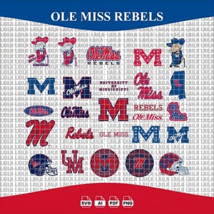 May include: A digital collection of Ole Miss Rebels graphics featuring various logos, the letter M, football helmets, and text elements including University of Mississippi and Rebels, all set against a repeating watermark background of the name LAILA.