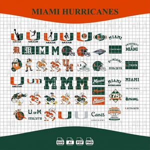 Può includere: Una collezione digitale di loghi, mascotte e tipografie dei Miami Hurricanes in arancione, verde e bianco. Il foglio grafico presenta vari emblemi a forma di U, caschi da football, personaggi ibis e testo che include Miami, Hurricanes e Canes.