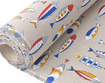 Colorful fish print cotton fabric /  Curtains fabric / Yellow blue fish print /  Sea fish curtains / Napkins, tablecloth fabric