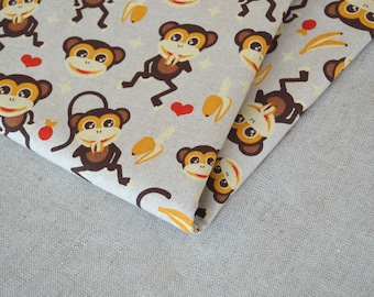 Monkey with bananas cotton fabric / Kids cute fabric / Cute brown monkey