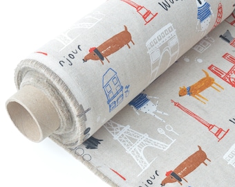 French dog cotton fabric / Bonjour and woof slogan Cute cotton printed fabric / Dog artist Paris cotton fabric / Eiffel tower