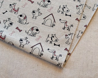 Linen dog with kennels fabric / Grey cute dogs apron linen fabric / Kitchen dogs pattern fabric