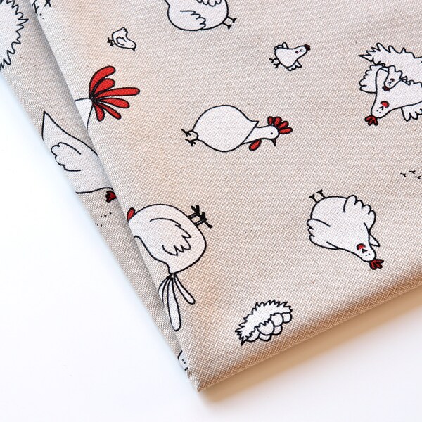 Hen pattern cotton fabric / White chicken with eggs fabric / Farm animal sewing fabric / Half meter canvas fabric