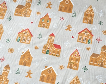 Christmas fabric collection / Fabric with Christmas reindeer / Gingerbread cotton / Gift wrapping fabric / Linen like fabric