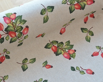 Summer cotton fabric collection / Red Poppies,  thorns fruits,  red strawberry fabric / Kitchen curtains fabric / Linen look fabric