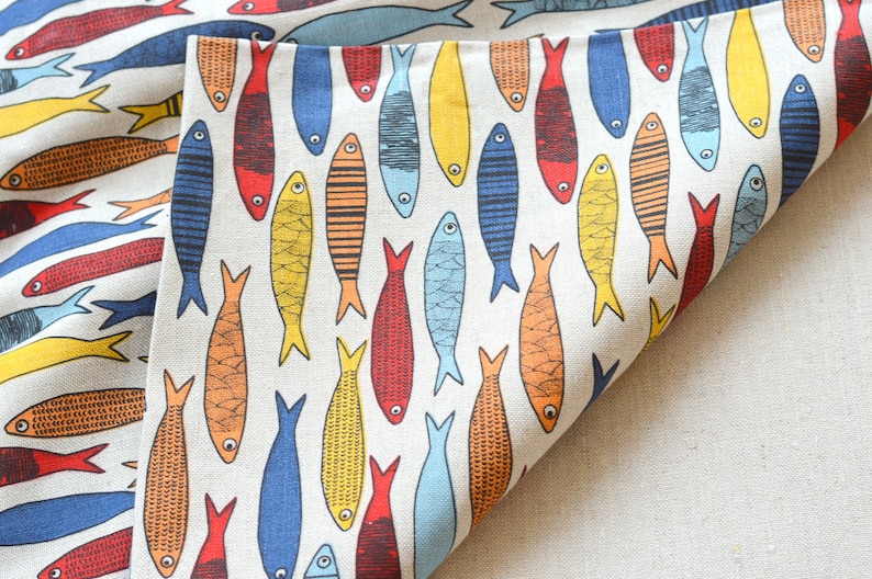 Fish fabric / Colorful linen fabric / Fish pattern fabric / | Etsy