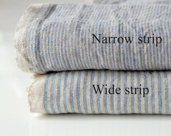 Blue wide and narrow stripped washed linen fabric / Natural linen fabric for clothes and tablecloths