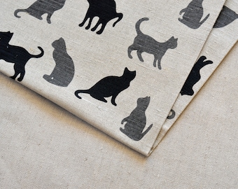 Linen black grey cats  fabric / Towel linen fabric / Kitten print fabric