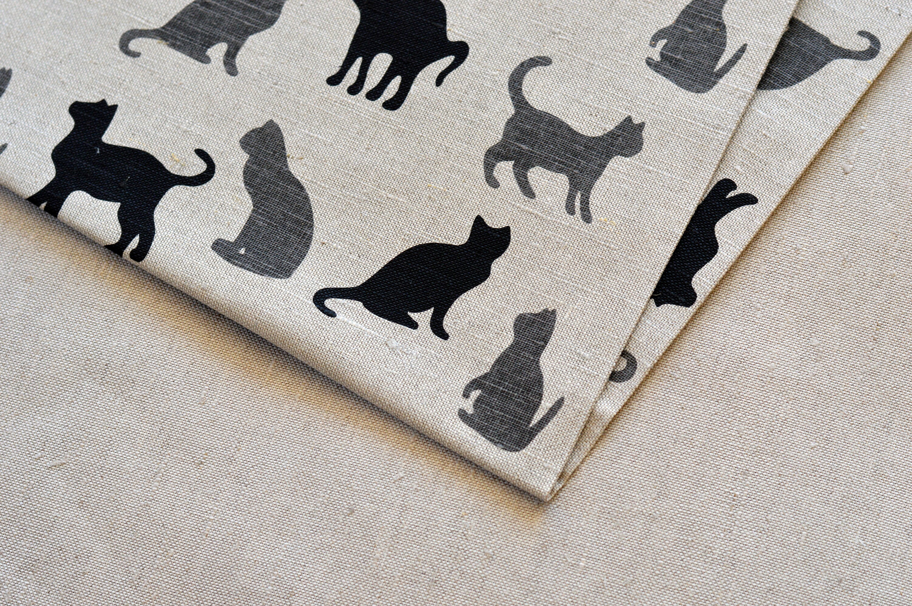 Linen black grey cats fabric / Towel linen fabric / Kitten Etsy