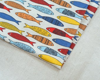 Fish fabric / Colorful linen fabric / Fish pattern fabric / Linen sewing supply/ Backpack sewing material / Cute fish pattern design