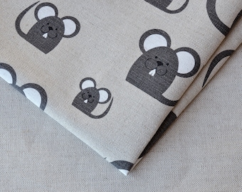 Grey mouse pattern linen fabric / Cartoon mouse print / Home decoration fabric / Natural linen fabric