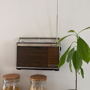 Puede incluir: Una radio AM/FM rectangular de la marca Schneider con un panel frontal de madera, una rejilla de altavoz negra y un asa de transporte de metal plateado. Una antena telescópica plateada, larga y fina, se extiende verticalmente.