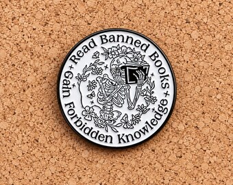 Read Banned Books Enamel Pin, Skeleton Reading Brooch, Gain Forbidden Knowledge, Book Lover Gift