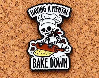 Having a Mental Bake Down Enamel Pin, Skeleton Baker Brooch, Funny Baking Pun Lapel Pin, Halloween Gift for Bakers